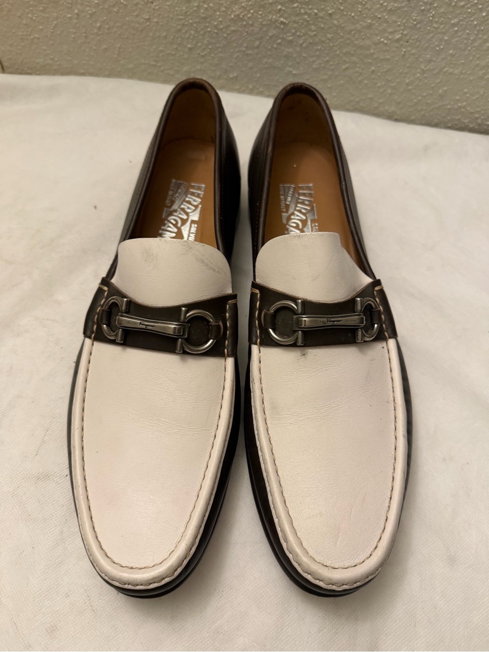 Salvatore Ferragamo White and Brown Leather Bit Loafers, pre-owned, SZ 10.5